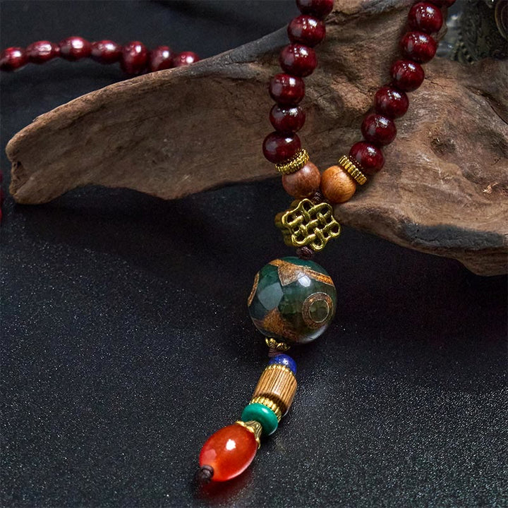 Buddha Stones Tibetan Handmade Wenge Wood Protection Dzi Bead Elephant Head Necklace Pendant