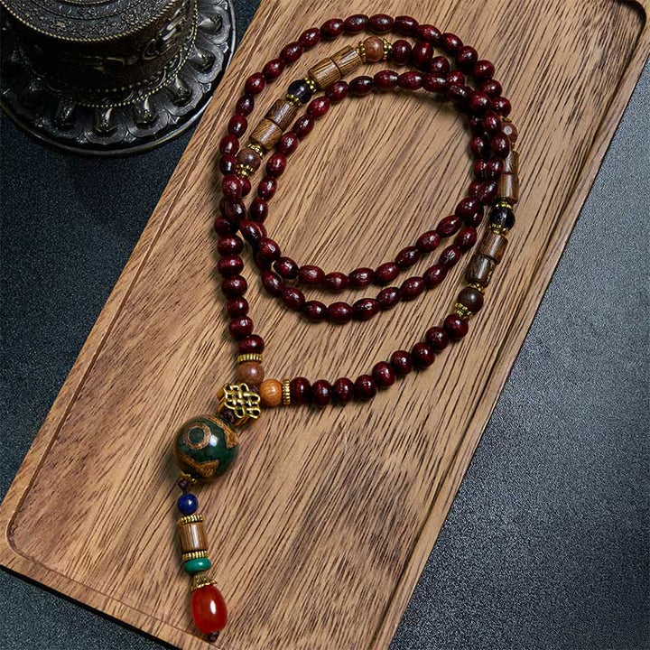 Buddha Stones Tibetan Handmade Wenge Wood Protection Dzi Bead Elephant Head Necklace Pendant