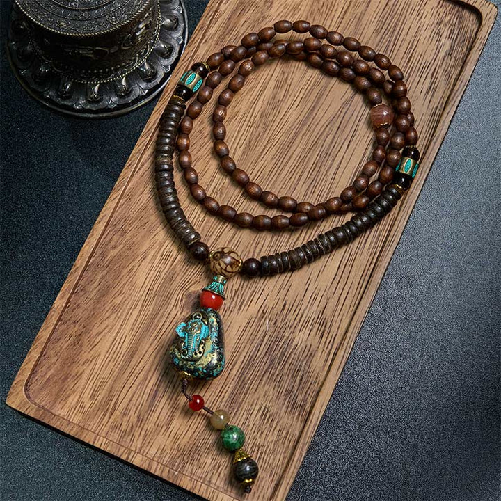 Buddha Stones Tibetan Handmade Wenge Wood Protection Dzi Bead Elephant Head Necklace Pendant