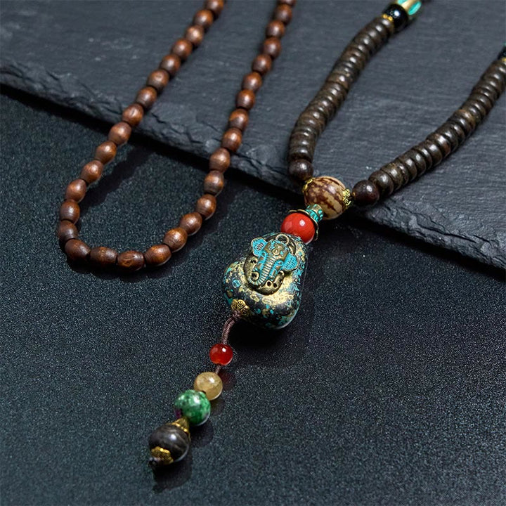 Buddha Stones Tibetan Handmade Wenge Wood Protection Dzi Bead Elephant Head Necklace Pendant