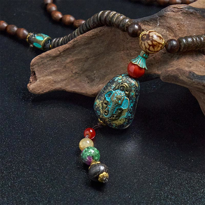 Buddha Stones Tibetan Handmade Wenge Wood Protection Dzi Bead Elephant Head Necklace Pendant