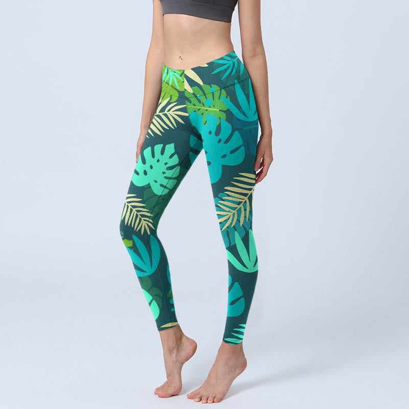 Buddha Stones Various Shapes Of Leaves Pattern Print Gym Leggings Women's Yoga Pants - DarkGreen - US18,UK/AU22,EU50 (4XL) - image 1