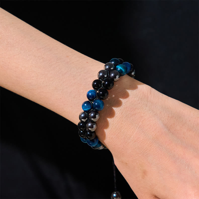 Buddha Stones Natural Blue Tiger Eye Black Magnetite Black Obsidian Double Row Beads Protection Bracelet