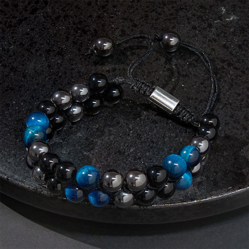 Buddha Stones Natural Blue Tiger Eye Black Magnetite Black Obsidian Double Row Beads Protection Bracelet