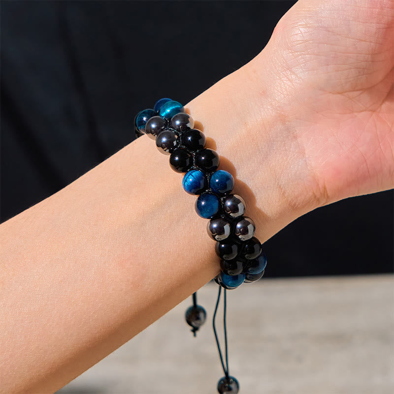 Buddha Stones Natural Blue Tiger Eye Black Magnetite Black Obsidian Double Row Beads Protection Bracelet