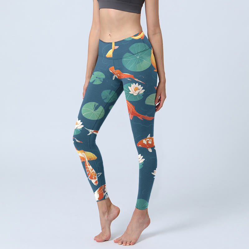 Buddha Stones Koi Fish Lotus Flower Lotus Leaves Pattern Print Gym Leggings Women's Yoga Pants - Teal - US18,UK/AU22,EU50 (4XL) - image 1