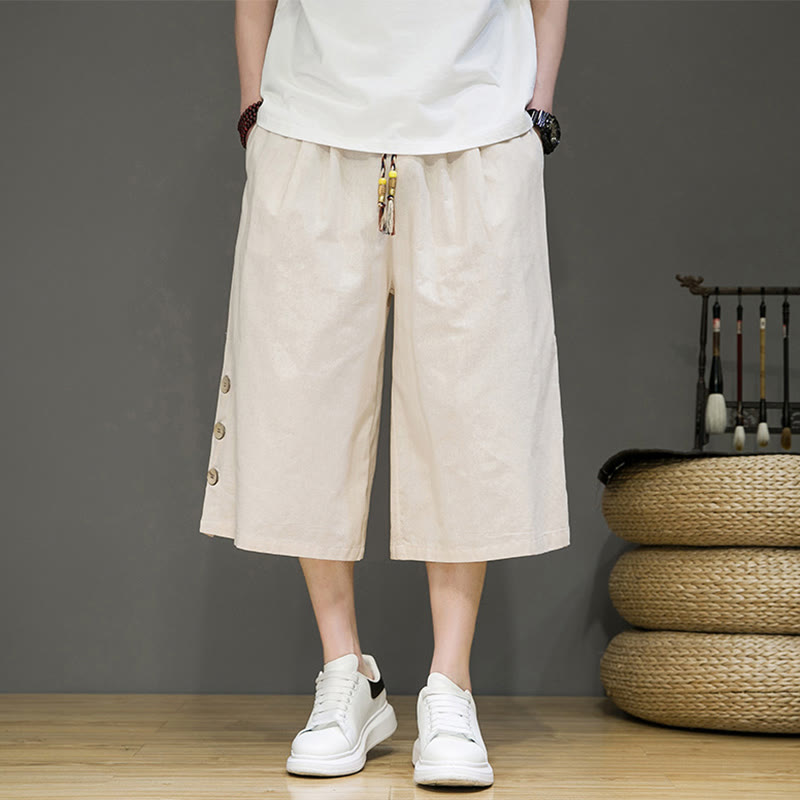 Buddha Stones Casual Plain Side Button Design Drawstring Men's Cotton Cropped Pants With Pockets