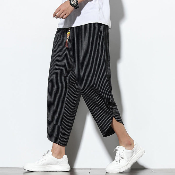 Buddha Stones Summer Stripes Pattern Drawstring Cotton Linen Men's 7-8 Length Harem Pants With Pockets - Black - US/UK/AU46,EU56 (5XL) - image 9