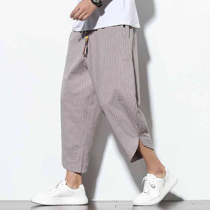 Buddha Stones Summer Stripes Pattern Drawstring Cotton Linen Men's 7-8 Length Harem Pants With Pockets - DarkGray - US/UK/AU46,EU56 (5XL) - image 22