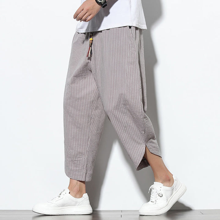 Buddha Stones Summer Stripes Pattern Drawstring Cotton Linen Men's 7-8 Length Harem Pants With Pockets - DarkGray - US/UK/AU46,EU56 (5XL) - image 22