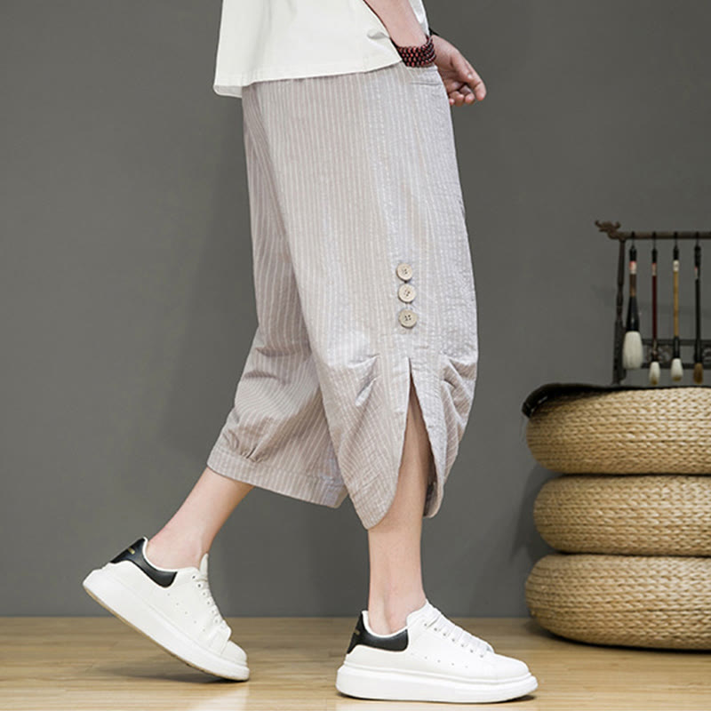 Buddha Stones Casual White Stripes Pattern Drawstring Button Design Men's Cotton Cropped Harem Pants With Pockets - LightGrey - US/UK/AU46,EU56 (5XL) - image 0