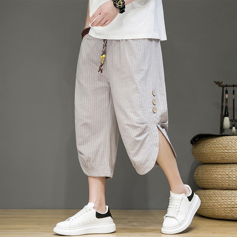 Buddha Stones Casual White Stripes Pattern Drawstring Button Design Men's Cotton Cropped Harem Pants With Pockets - image 1