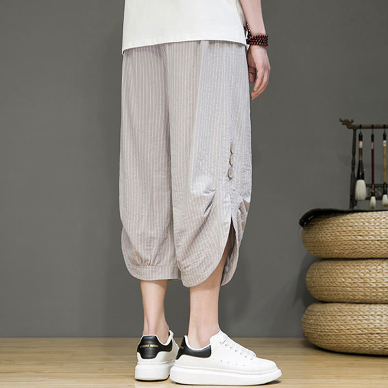 Buddha Stones Casual White Stripes Pattern Drawstring Button Design Men's Cotton Cropped Harem Pants With Pockets - image 5