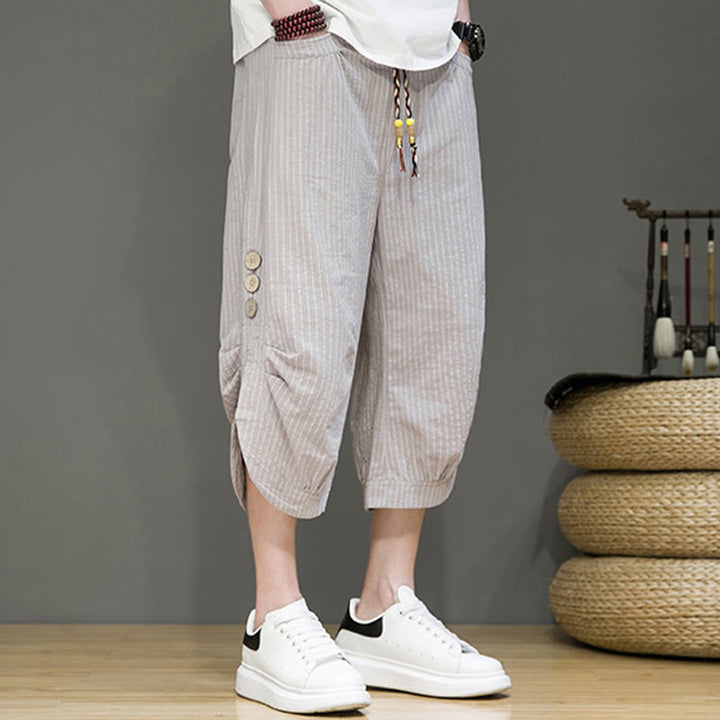 Buddha Stones Casual White Stripes Pattern Drawstring Button Design Men's Cotton Cropped Harem Pants With Pockets - image 6