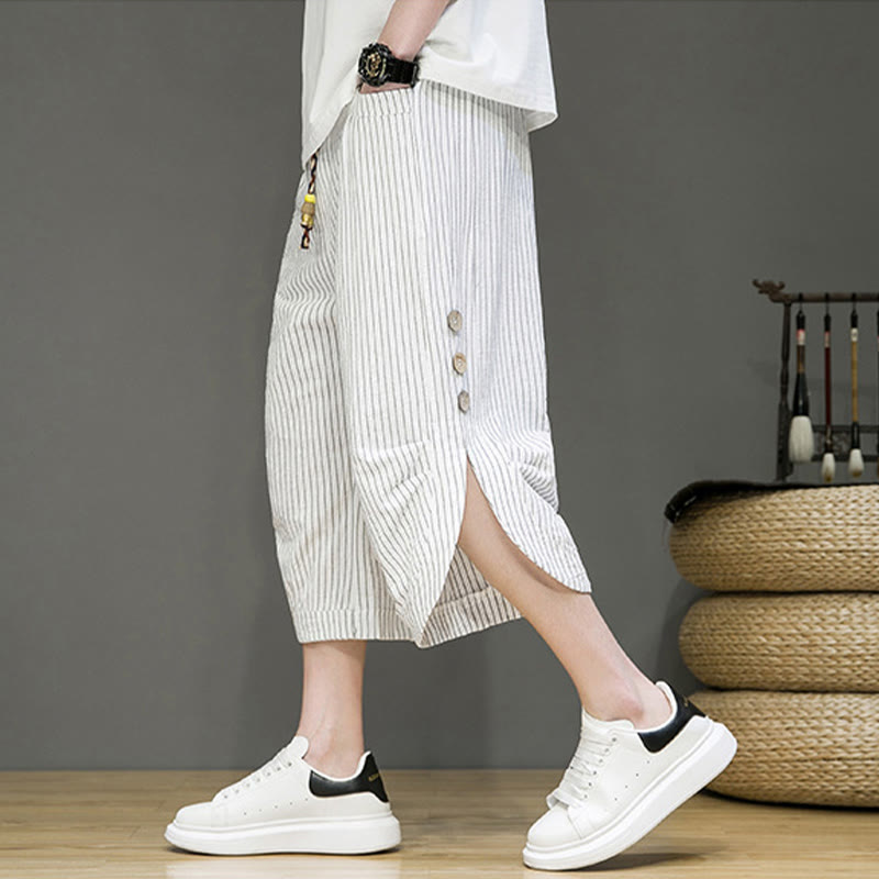 Buddha Stones Casual White Stripes Pattern Drawstring Button Design Men's Cotton Cropped Harem Pants With Pockets - image 23