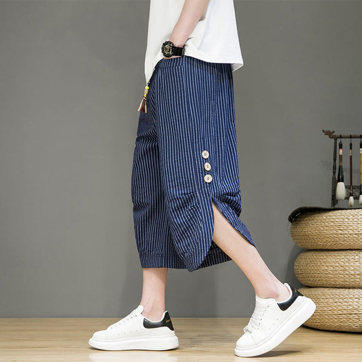 Buddha Stones Casual White Stripes Pattern Drawstring Button Design Men's Cotton Cropped Harem Pants With Pockets - DarkBlue - US/UK/AU46,EU56 (5XL) - image 26