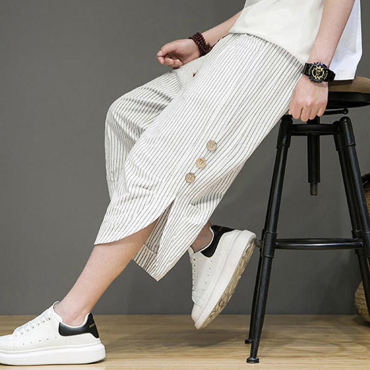 Buddha Stones Casual White Stripes Pattern Drawstring Button Design Men's Cotton Cropped Harem Pants With Pockets - image 24