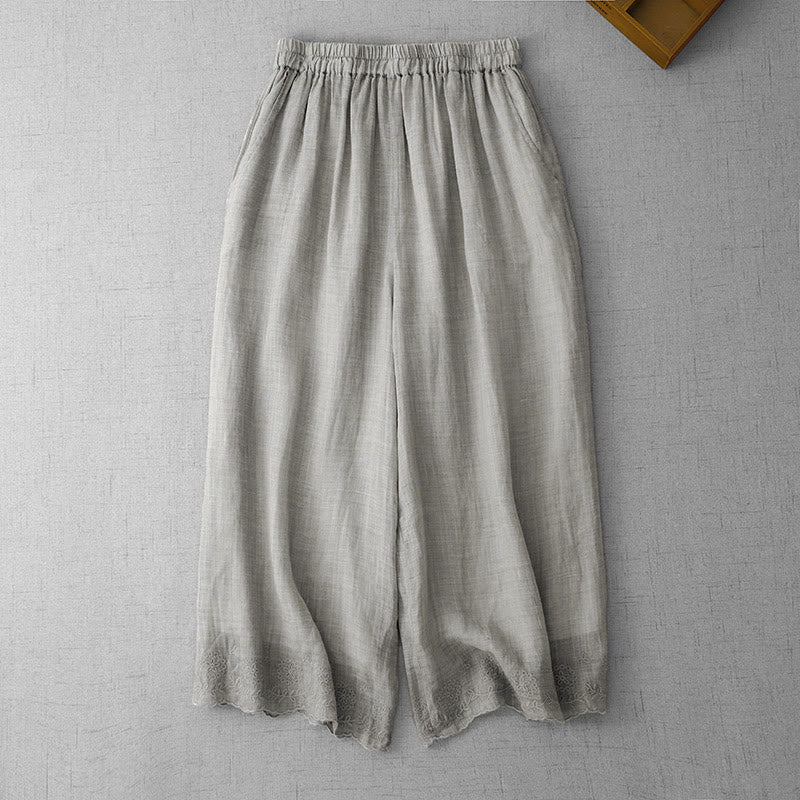 Buddha Stones Commute Solid Color Lace Embroidery Design Cotton Women's Wide Leg Cropped Pants With Pockets - DarkGray - US8-10,UK/AU12-14,EU40-42 (2XL) - image 8