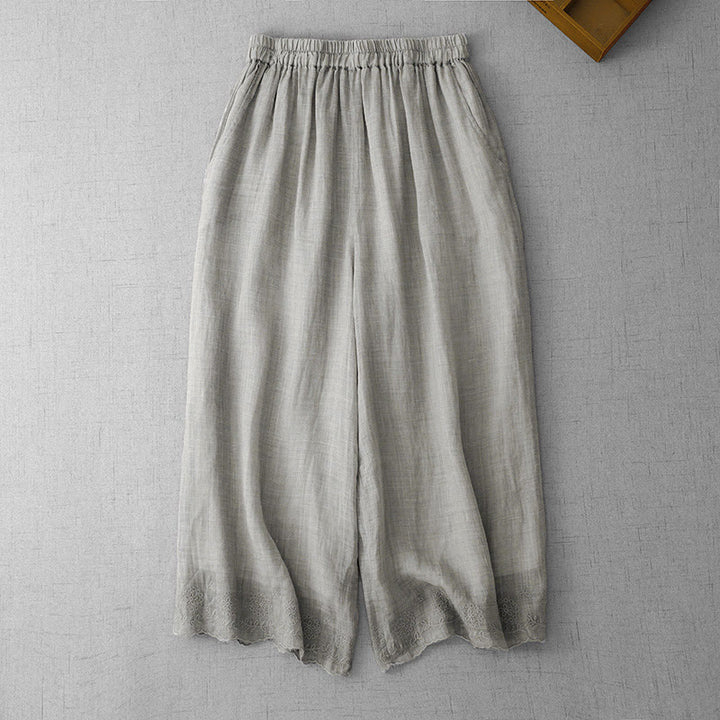 Buddha Stones Commute Solid Color Lace Embroidery Design Cotton Women's Wide Leg Cropped Pants With Pockets - DarkGray - US8-10,UK/AU12-14,EU40-42 (2XL) - image 8