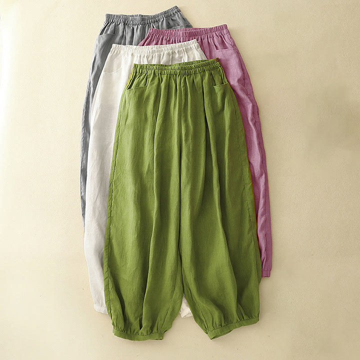 Buddha Stones Summer Commute Pure Color Women's Cotton Ankle-Length Pants With Pockets