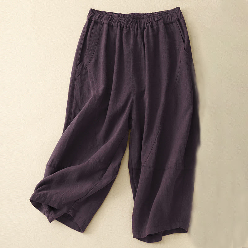 Buddha Stones Commute Casual Pure Color Women's Wide Leg Cotton Cropped Pants With Pockets - Purple - US8-10,UK/AU12-14,EU40-42 (2XL) - image 12
