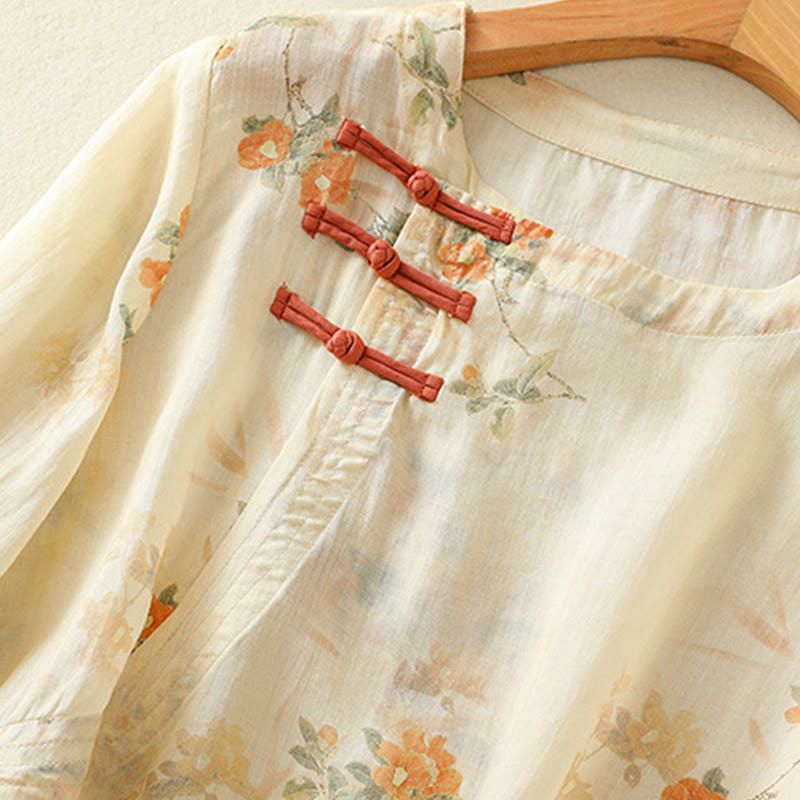 Buddha Stones Plant Printed Crew Neck Frog Button Design Women's Polyester Three Quarter Sleeve Shirt - image 4