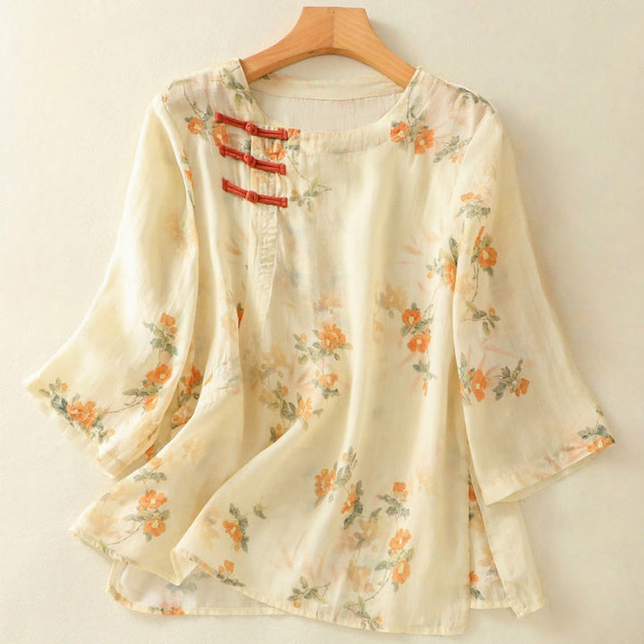 Buddha Stones Plant Printed Crew Neck Frog Button Design Women's Polyester Three Quarter Sleeve Shirt - LemonChiffon - US8-10,UK/AU12-14,EU40-42 (2XL) - image 0