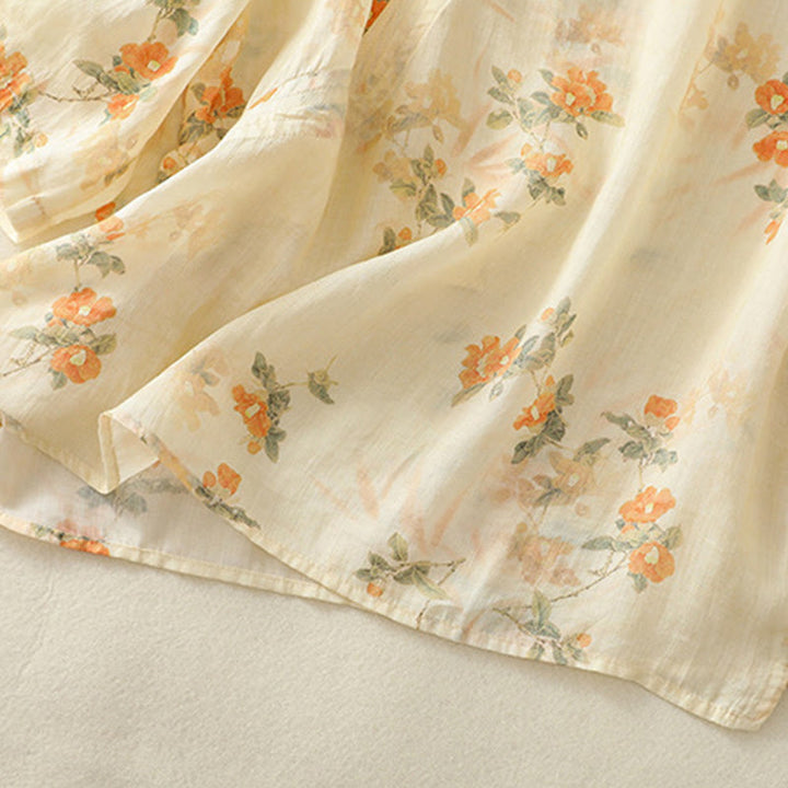 Buddha Stones Plant Printed Crew Neck Frog Button Design Women's Polyester Three Quarter Sleeve Shirt - image 5