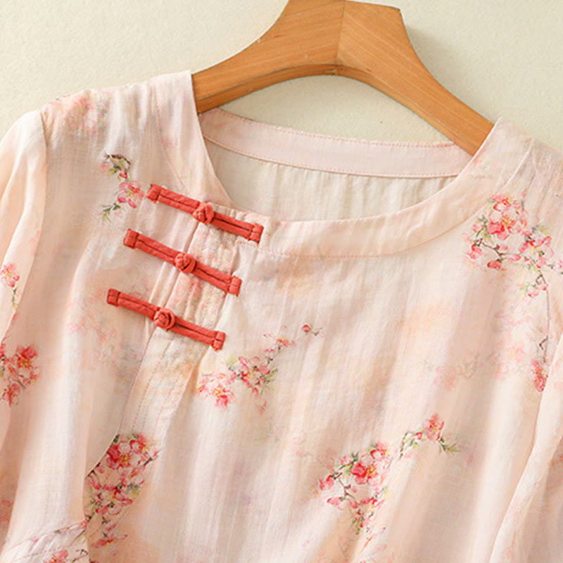 Buddha Stones Plant Printed Crew Neck Frog Button Design Women's Polyester Three Quarter Sleeve Shirt - image 11