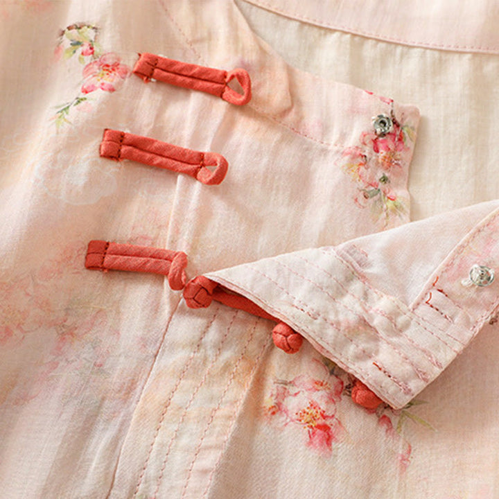 Buddha Stones Plant Printed Crew Neck Frog Button Design Women's Polyester Three Quarter Sleeve Shirt - image 14