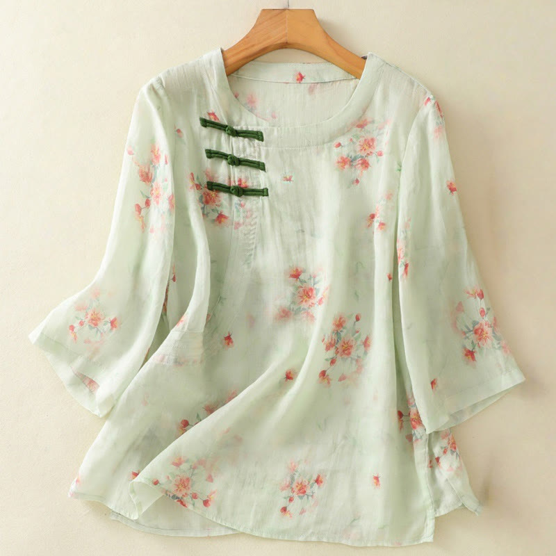 Buddha Stones Plant Printed Crew Neck Frog Button Design Women's Polyester Three Quarter Sleeve Shirt - Aquamarine - US8-10,UK/AU12-14,EU40-42 (2XL) - image 17