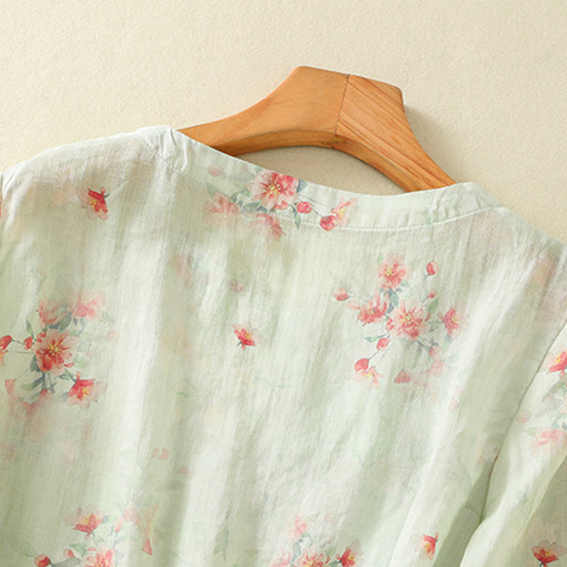 Buddha Stones Plant Printed Crew Neck Frog Button Design Women's Polyester Three Quarter Sleeve Shirt - image 21