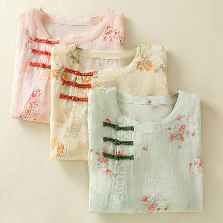 Buddha Stones Plant Printed Crew Neck Frog Button Design Women's Polyester Three Quarter Sleeve Shirt - image 25