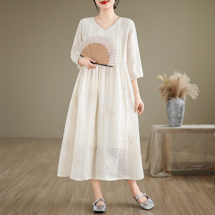 Buddha Stones Beige Casual Embroidery Three Quarter Sleeve Cotton Linen Midi Dress With Pockets - Beige - US8-10,UK/AU12-14,EU40-42 (2XL) - image 1
