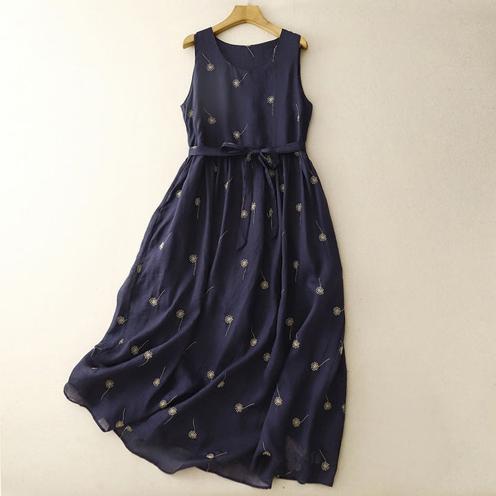 Buddha Stones MidnightBlue Printing Lace-Up Design Sleeveless Cotton Midi Dress With Pockets - MidnightBlue - US8-10,UK/AU12-14,EU40-42 (2XL) - image 1