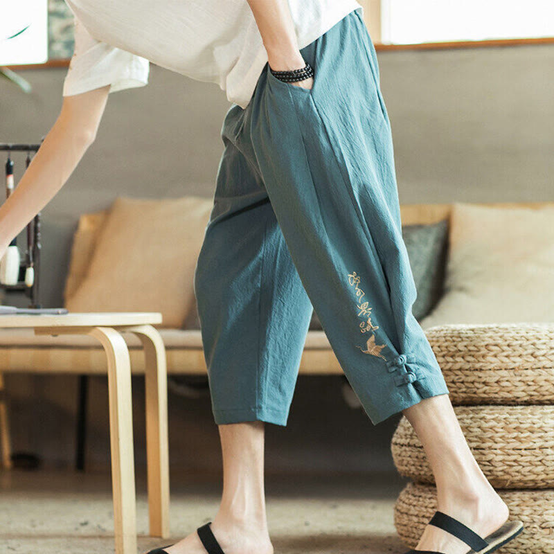 Buddha Stones Crane Embroidery Cotton Men's Cropped Harem Pants With Pockets - CadetBlue - US/UK/AU46,EU56 (5XL) - image 0