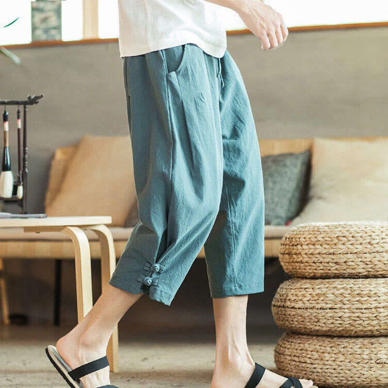 Buddha Stones Crane Embroidery Cotton Men's Cropped Harem Pants With Pockets - image 2