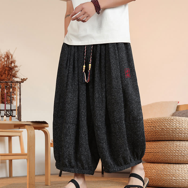 Buddha Stones Summer Characters Embroidery Drawstring Men's Cropped Ankle-Length Harem Pants With Pockets