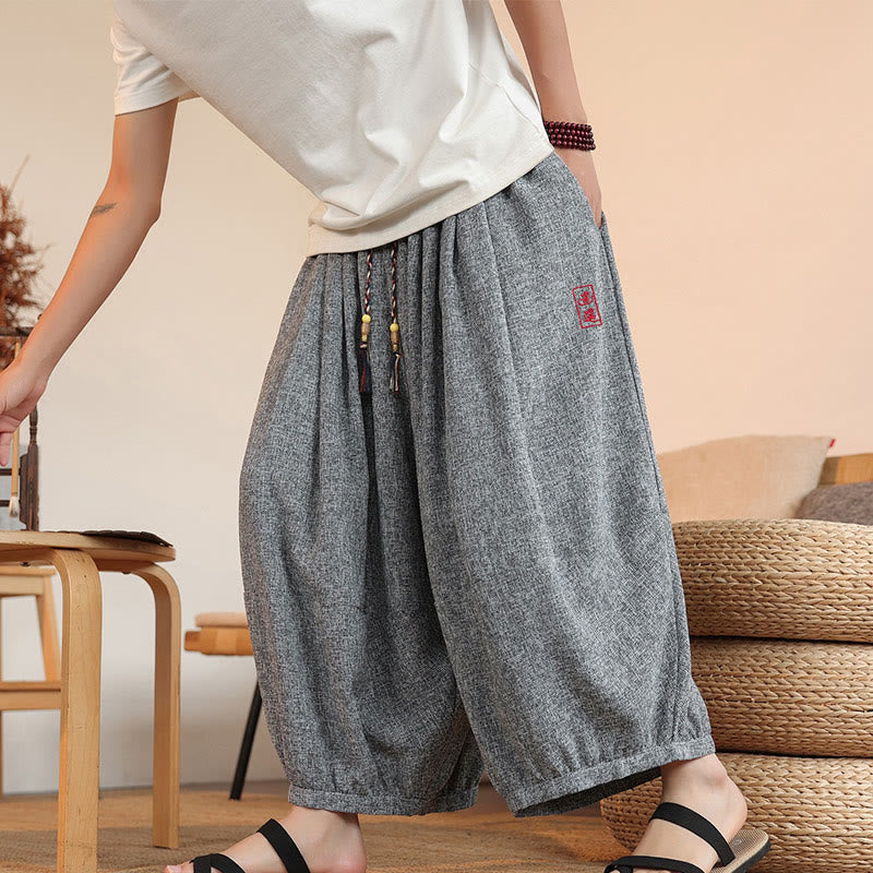 Buddha Stones Summer Characters Embroidery Drawstring Men's Cropped Ankle-Length Harem Pants With Pockets