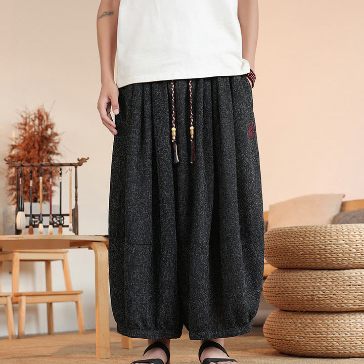 Buddha Stones Summer Characters Embroidery Drawstring Men's Cropped Ankle-Length Harem Pants With Pockets