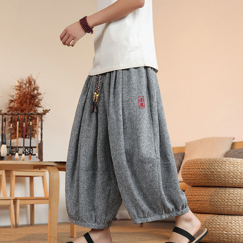 Buddha Stones Summer Characters Embroidery Drawstring Men's Cropped Ankle-Length Harem Pants With Pockets