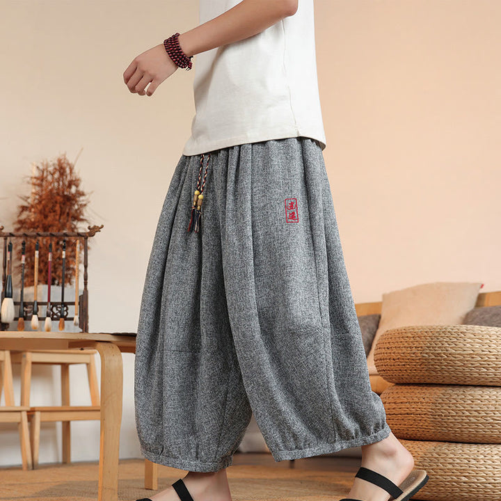 Buddha Stones Summer Characters Embroidery Drawstring Men's Cropped Ankle-Length Harem Pants With Pockets