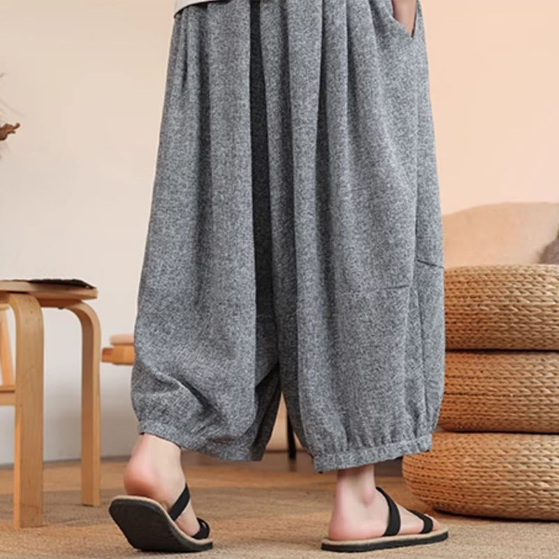 Buddha Stones Summer Characters Embroidery Drawstring Men's Cropped Ankle-Length Harem Pants With Pockets