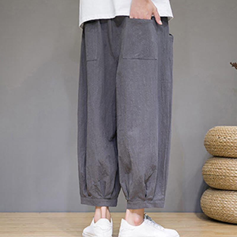 Buddha Stones Simple Cotton Men's Cropped Capri Harem Pants With Pockets - image 3