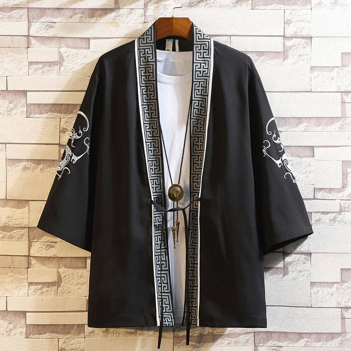 Buddha Stones Embroidery Dragon Phoenix Auspicious Cloud Waves Leaves Cranes Open Front Jacket Men's Kimono - White Dragon Stripes-Black - US/UK/AU46,EU56 (5XL) - image 0