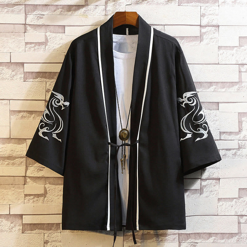 Buddha Stones Embroidery Dragon Phoenix Auspicious Cloud Waves Leaves Cranes Open Front Jacket Men's Kimono - White Dragon-Black - US/UK/AU46,EU56 (5XL) - image 6