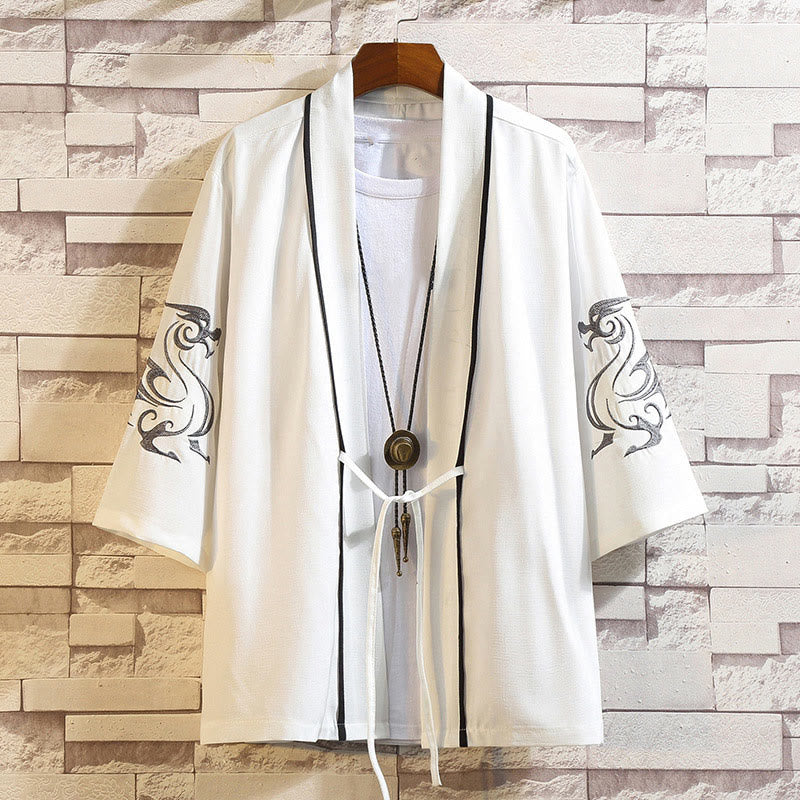 Buddha Stones Embroidery Dragon Phoenix Auspicious Cloud Waves Leaves Cranes Open Front Jacket Men's Kimono - White Dragon-White - US/UK/AU46,EU56 (5XL) - image 8