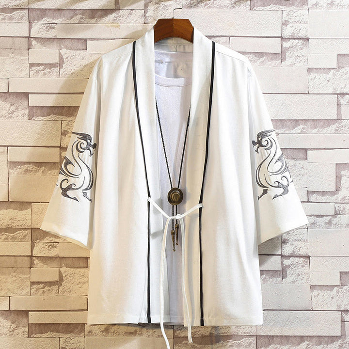 Buddha Stones Embroidery Dragon Phoenix Auspicious Cloud Waves Leaves Cranes Open Front Jacket Men's Kimono - White Dragon-White - US/UK/AU46,EU56 (5XL) - image 8