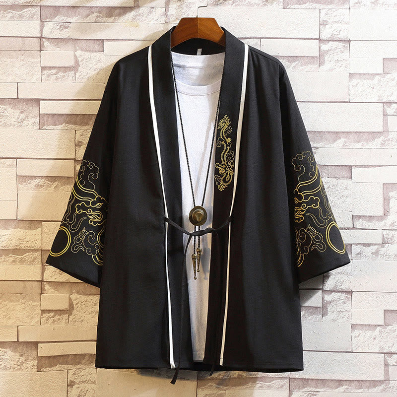 Buddha Stones Embroidery Dragon Phoenix Auspicious Cloud Waves Leaves Cranes Open Front Jacket Men's Kimono - Golden Dragon Auspicious Clouds-Black - US/UK/AU46,EU56 (5XL) - image 10