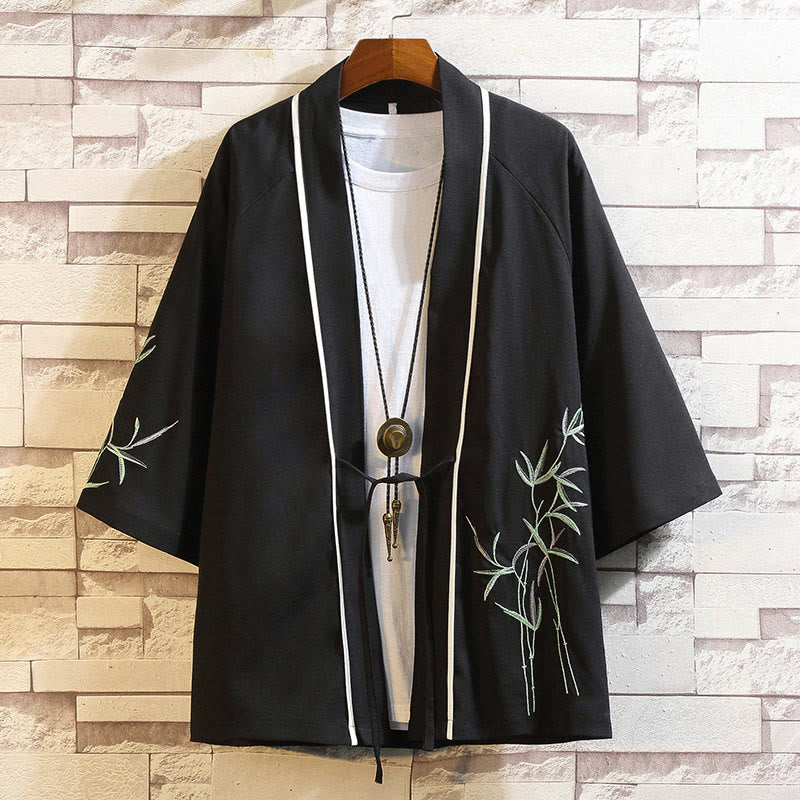 Buddha Stones Embroidery Dragon Phoenix Auspicious Cloud Waves Leaves Cranes Open Front Jacket Men's Kimono - Leaves-Black - US/UK/AU46,EU56 (5XL) - image 14